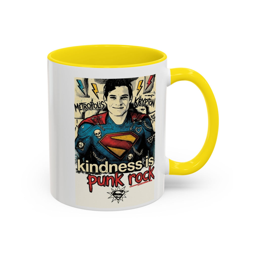 Kindness Is Punk Rock Superman Accent Coffee Mug — Retro Superhero Graphic (11oz/15oz)