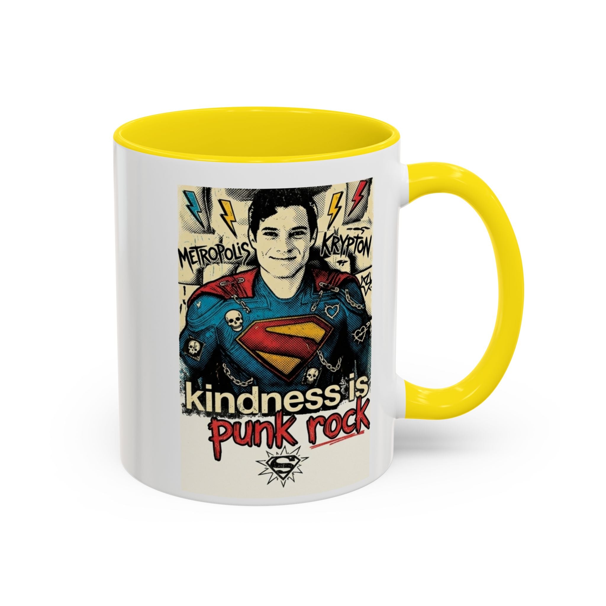 Kindness Is Punk Rock Superman Accent Coffee Mug — Retro Superhero Graphic (11oz/15oz)