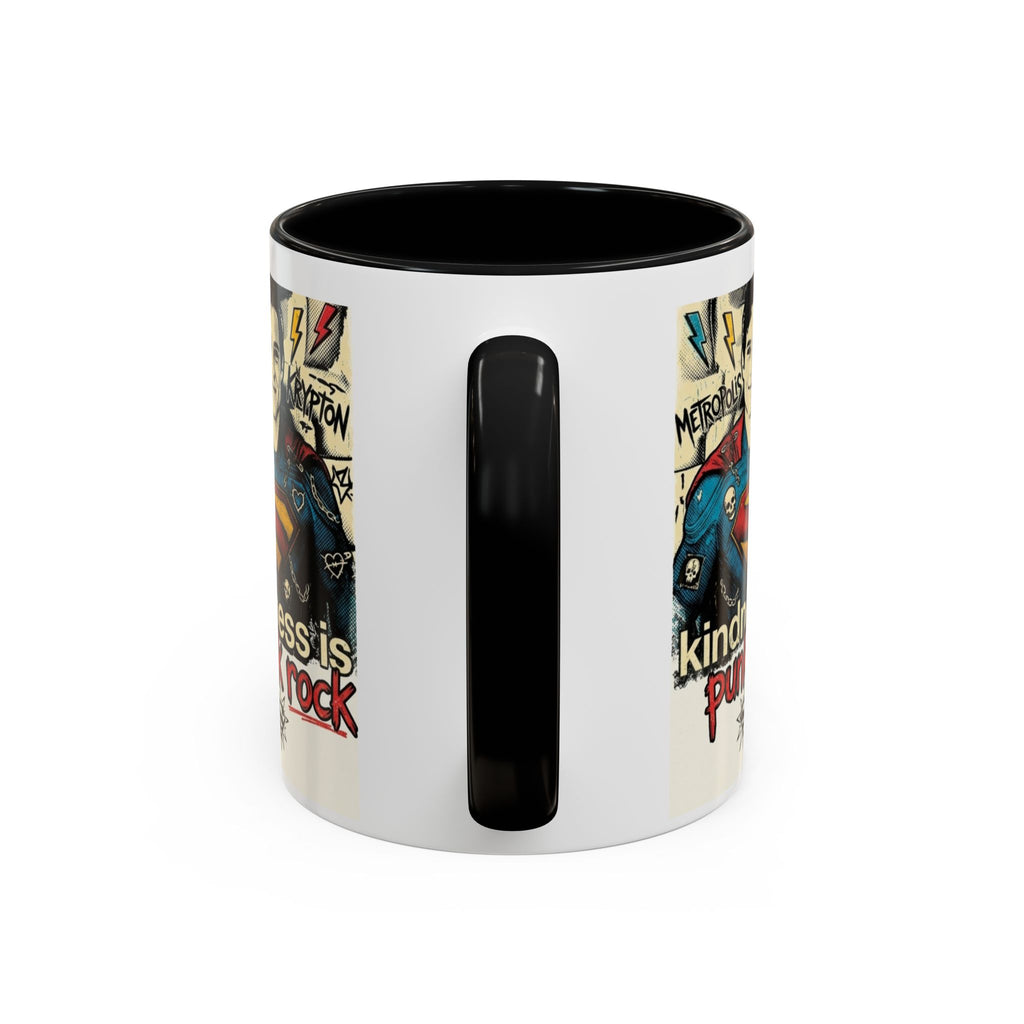 Kindness Is Punk Rock Superman Accent Coffee Mug — Retro Superhero Graphic (11oz/15oz)