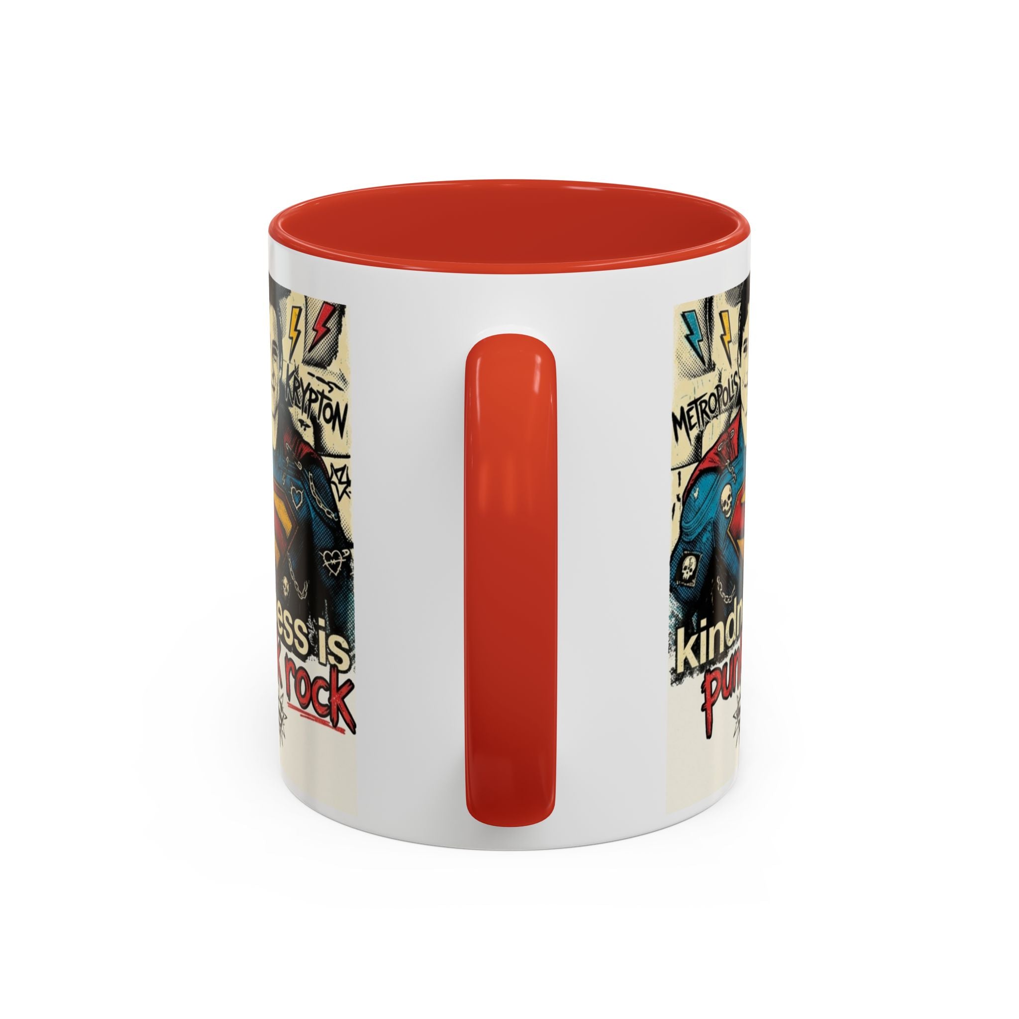 Kindness Is Punk Rock Superman Accent Coffee Mug — Retro Superhero Graphic (11oz/15oz)