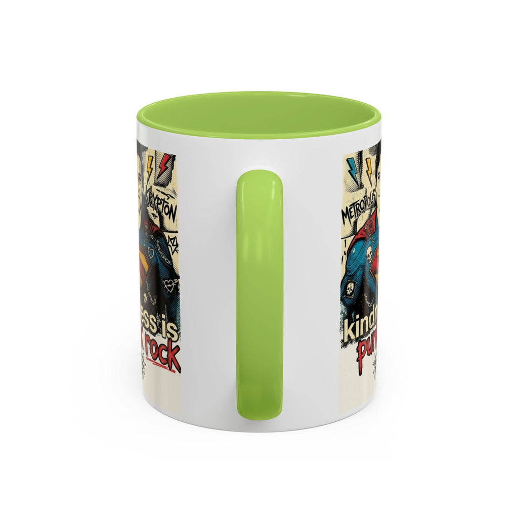 Kindness Is Punk Rock Superman Accent Coffee Mug — Retro Superhero Graphic (11oz/15oz)