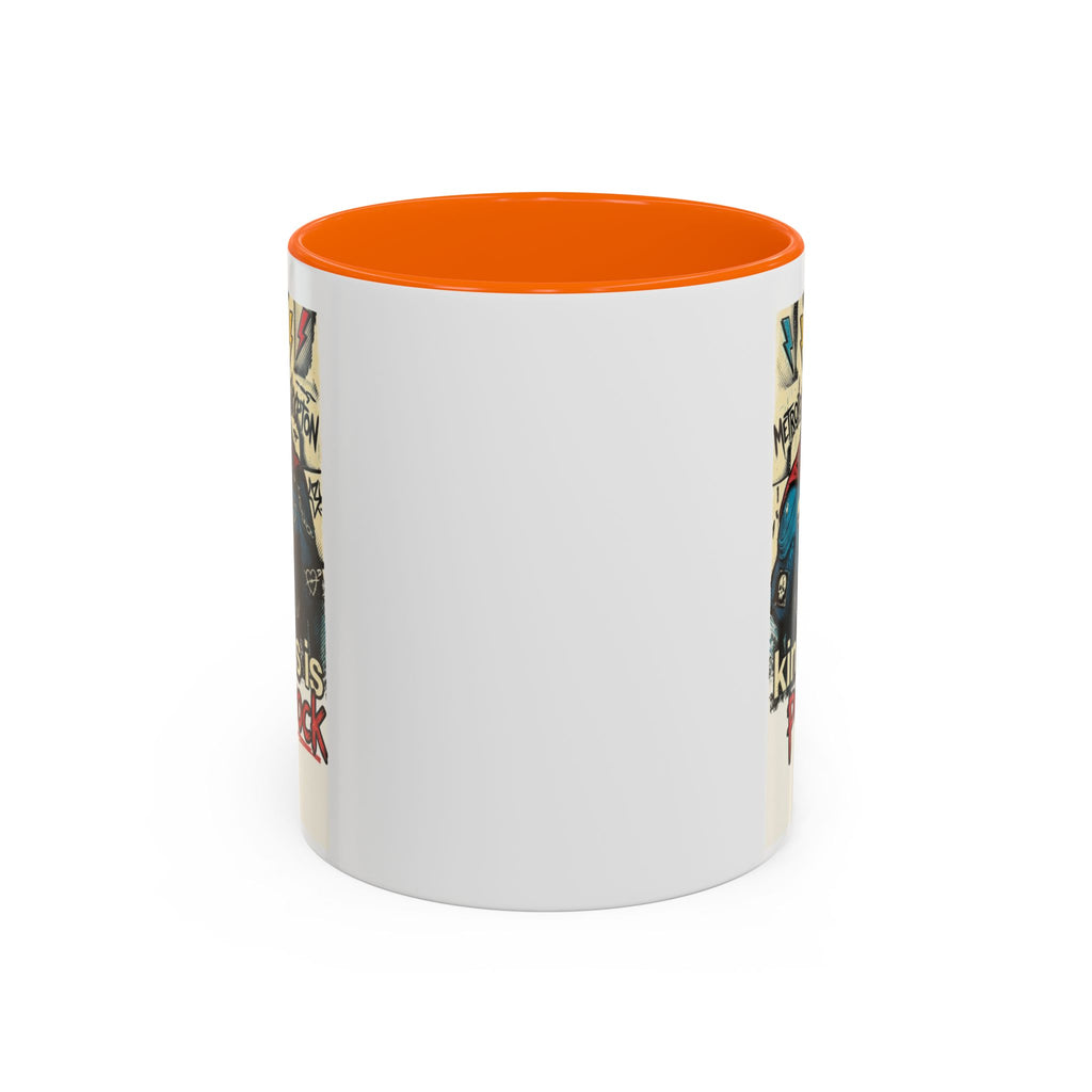 Kindness Is Punk Rock Superman Accent Coffee Mug — Retro Superhero Graphic (11oz/15oz)