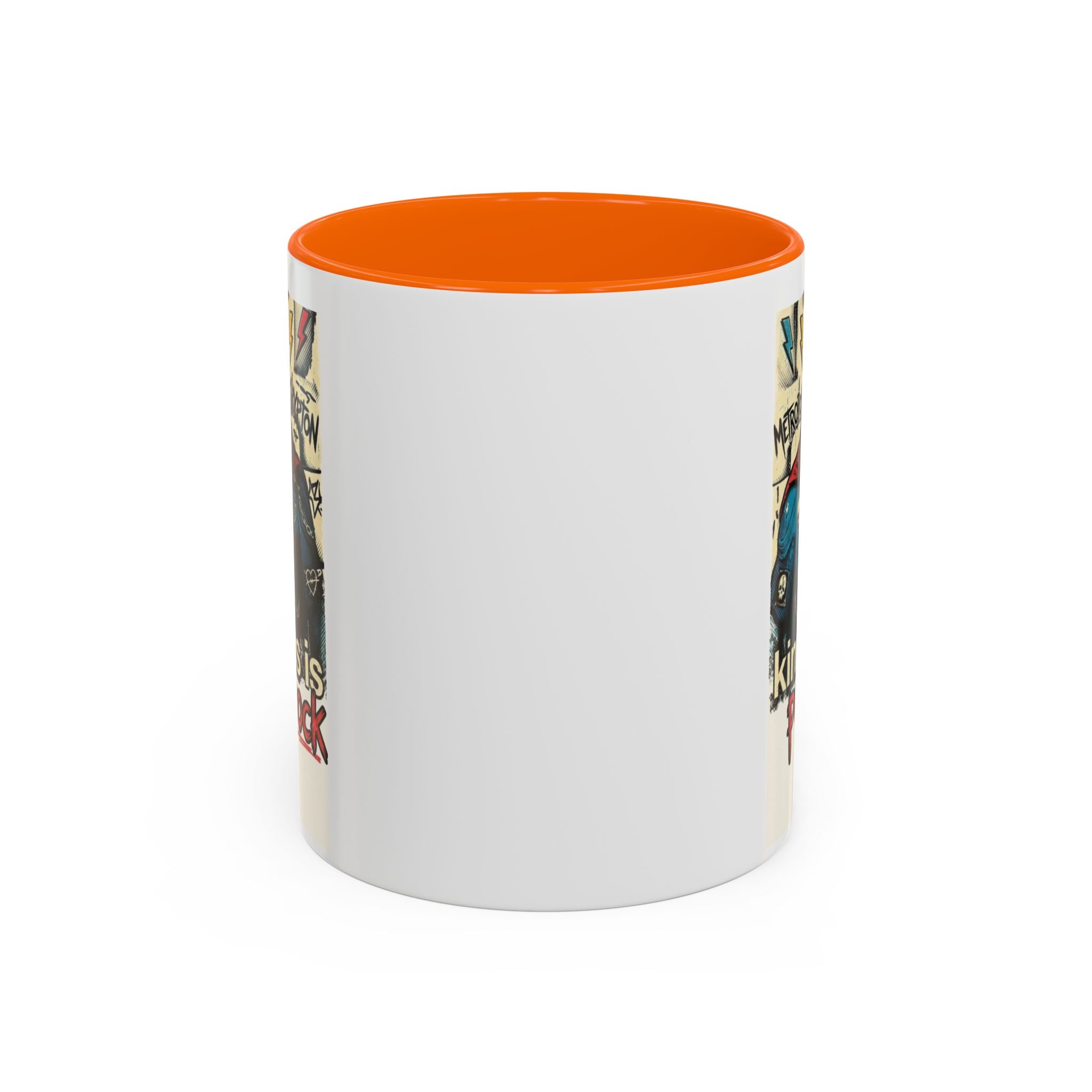 Kindness Is Punk Rock Superman Accent Coffee Mug — Retro Superhero Graphic (11oz/15oz)