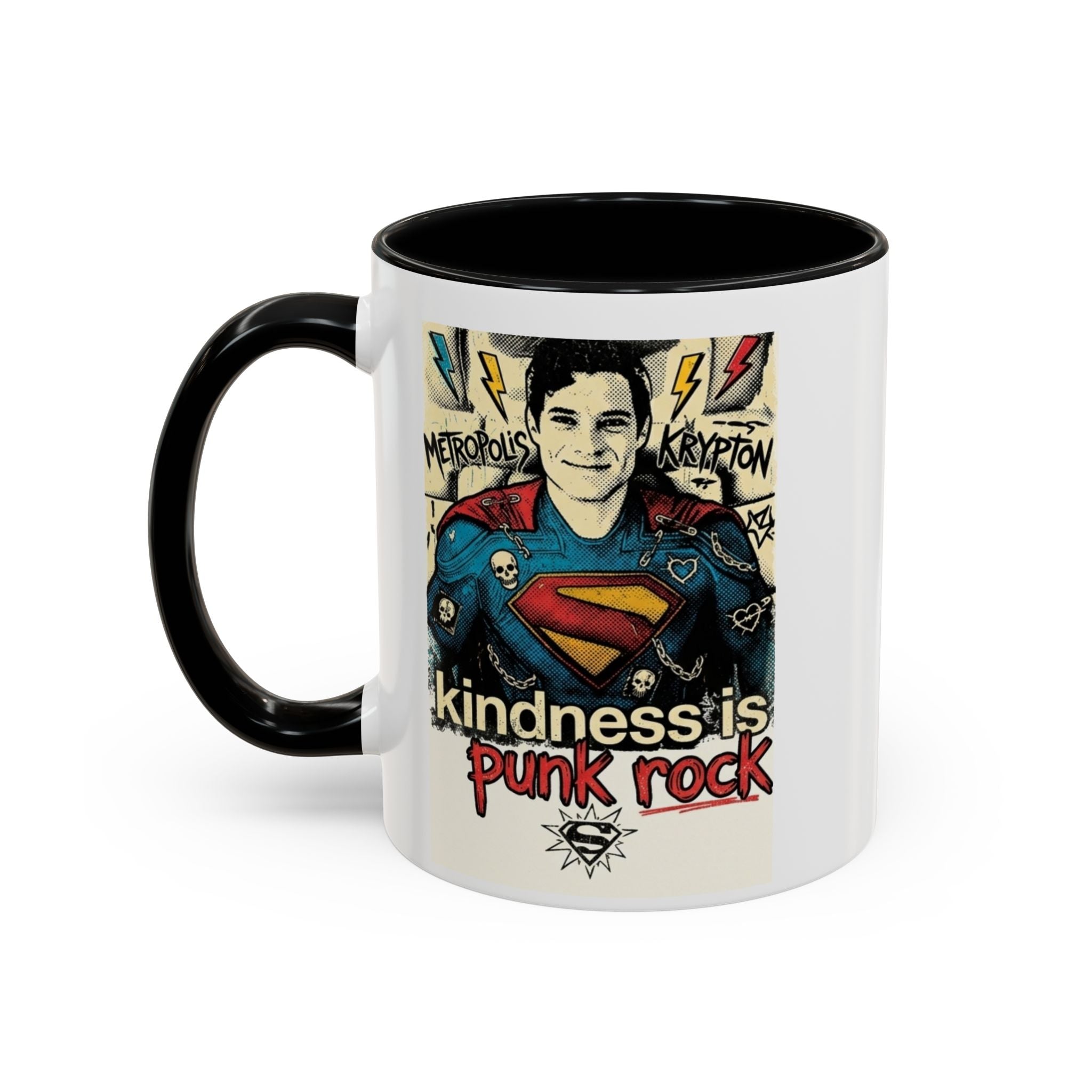 Kindness Is Punk Rock Superman Accent Coffee Mug — Retro Superhero Graphic (11oz/15oz)