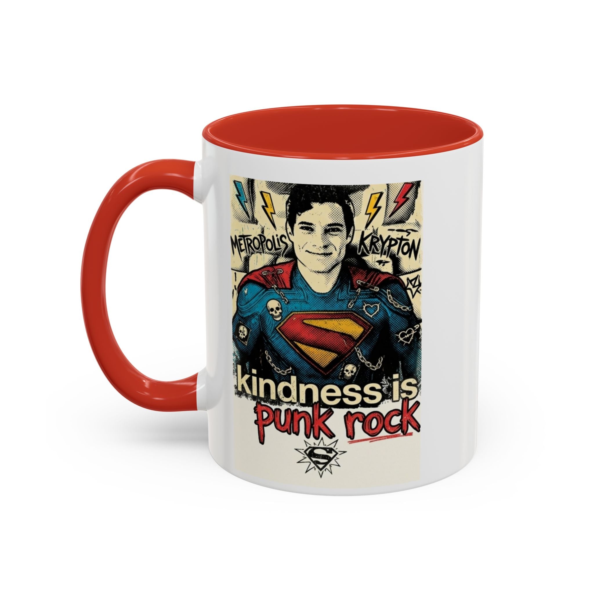 Kindness Is Punk Rock Superman Accent Coffee Mug — Retro Superhero Graphic (11oz/15oz)