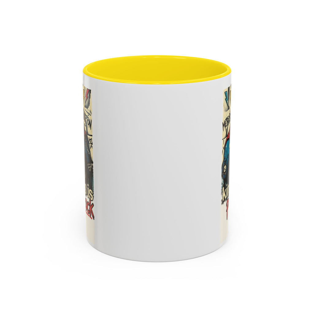 Kindness Is Punk Rock Superman Accent Coffee Mug — Retro Superhero Graphic (11oz/15oz)