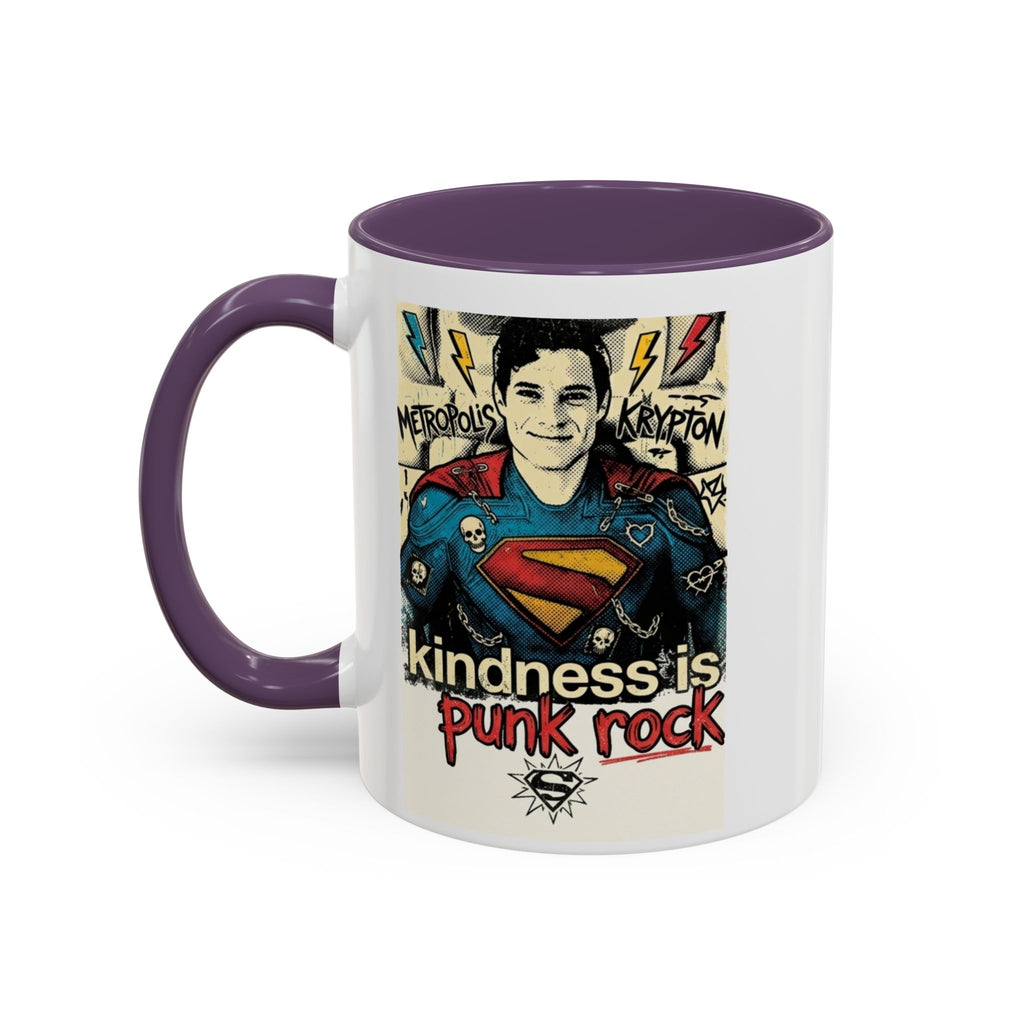 Kindness Is Punk Rock Superman Accent Coffee Mug — Retro Superhero Graphic (11oz/15oz)