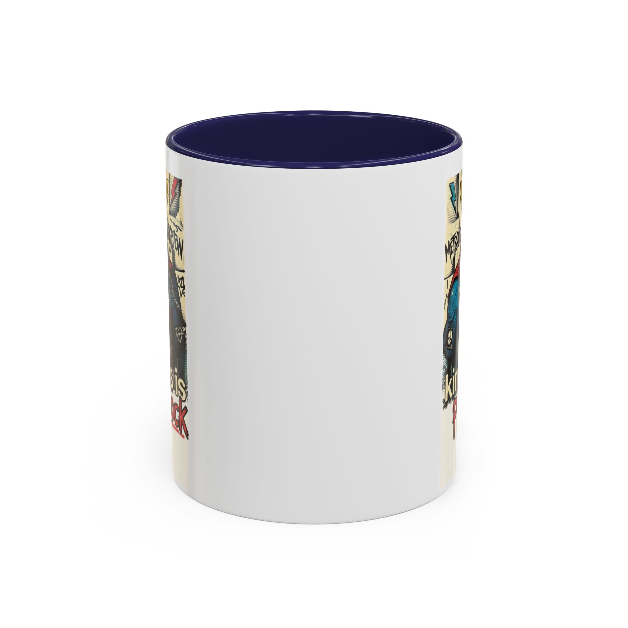 Kindness Is Punk Rock Superman Accent Coffee Mug — Retro Superhero Graphic (11oz/15oz)