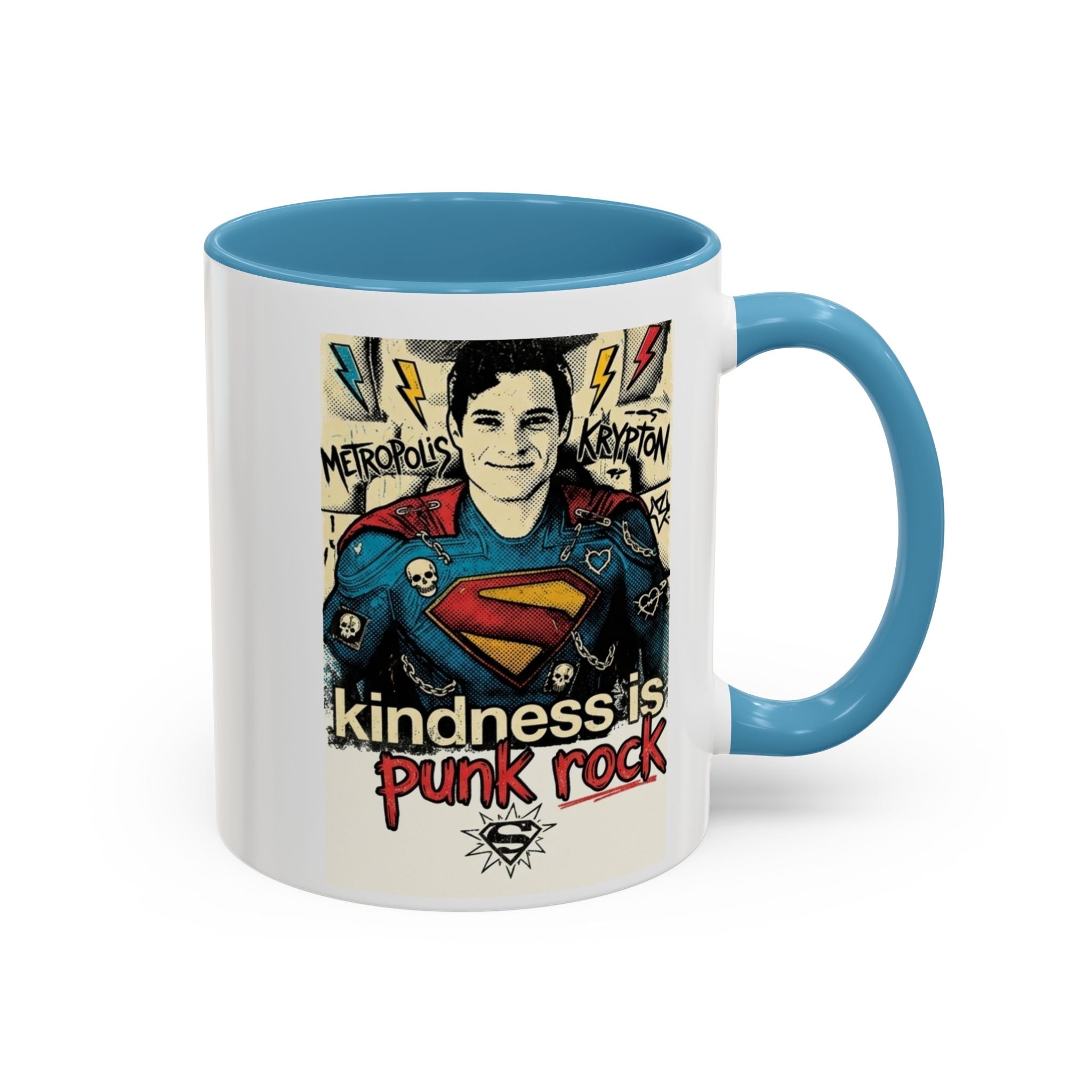 Kindness Is Punk Rock Superman Accent Coffee Mug — Retro Superhero Graphic (11oz/15oz)