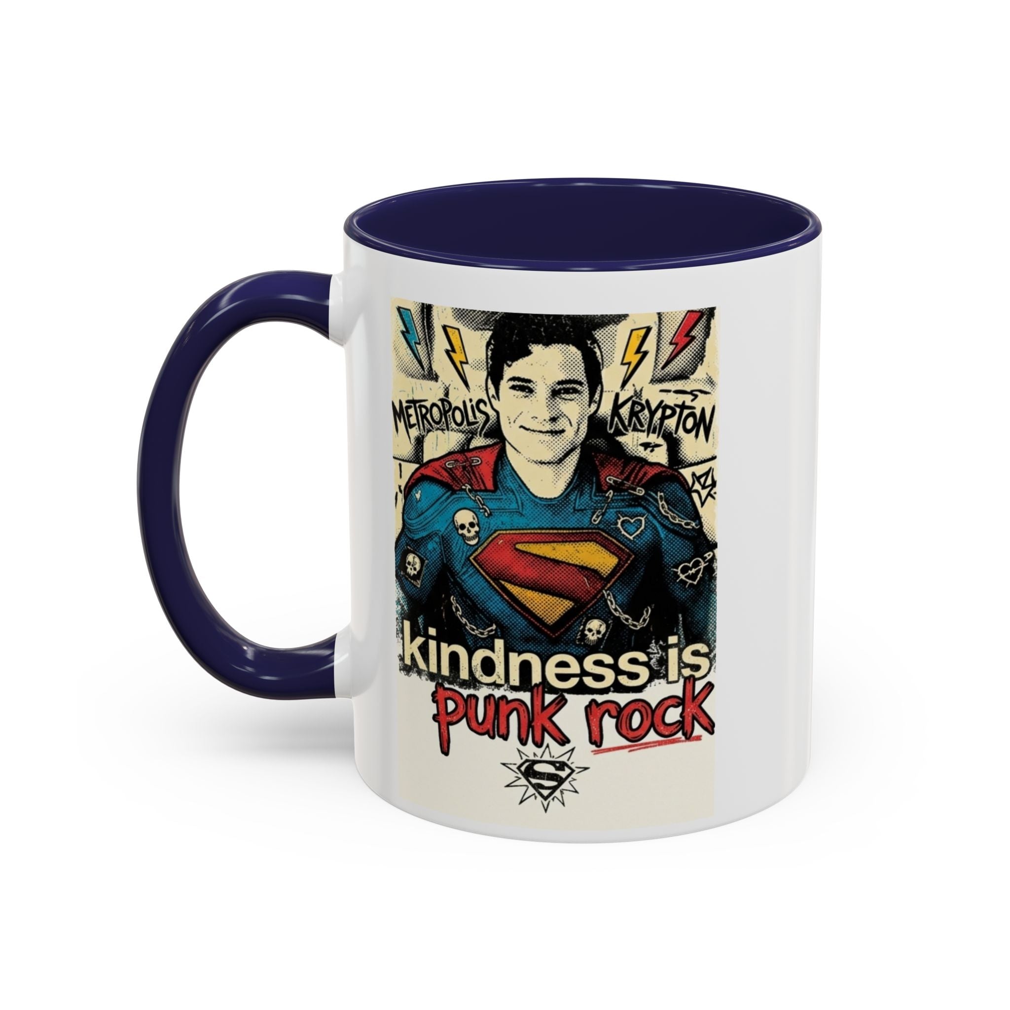 Copy of Kindness Is Punk Rock Superman Accent Coffee Mug — Retro Superhero Graphic (11oz/15oz)