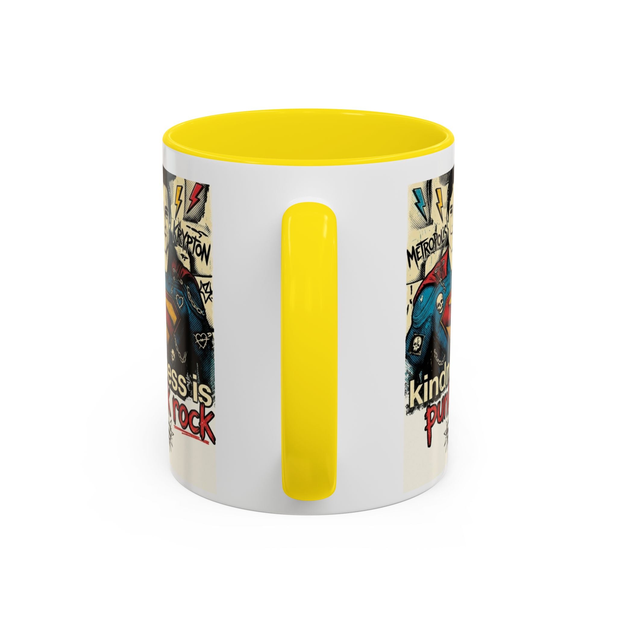 Kindness Is Punk Rock Superman Accent Coffee Mug — Retro Superhero Graphic (11oz/15oz)