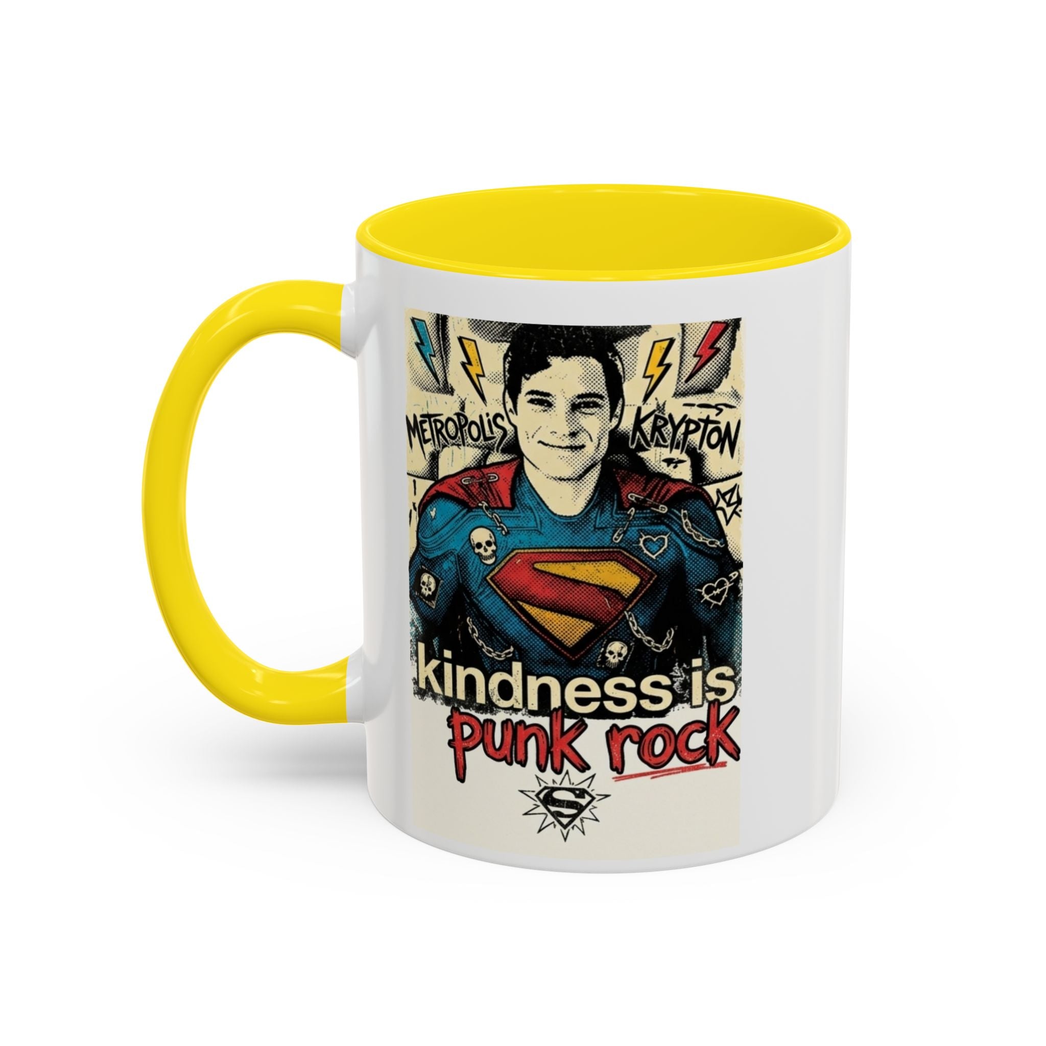 Copy of Kindness Is Punk Rock Superman Accent Coffee Mug — Retro Superhero Graphic (11oz/15oz)