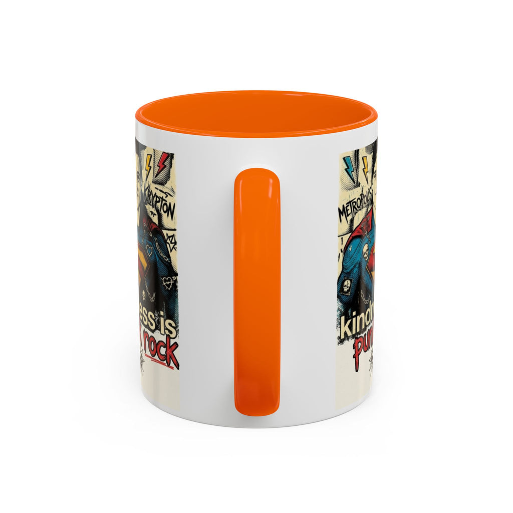 Kindness Is Punk Rock Superman Accent Coffee Mug — Retro Superhero Graphic (11oz/15oz)