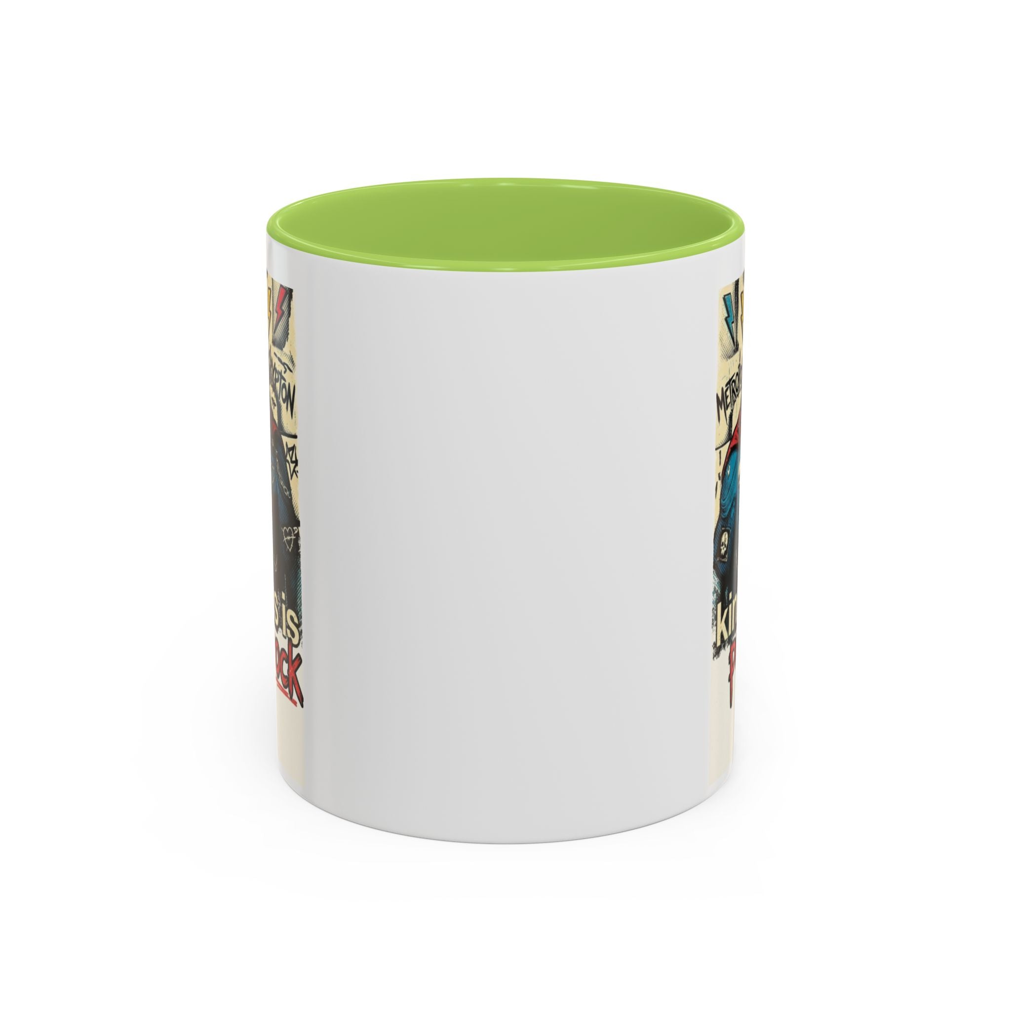 Kindness Is Punk Rock Superman Accent Coffee Mug — Retro Superhero Graphic (11oz/15oz)