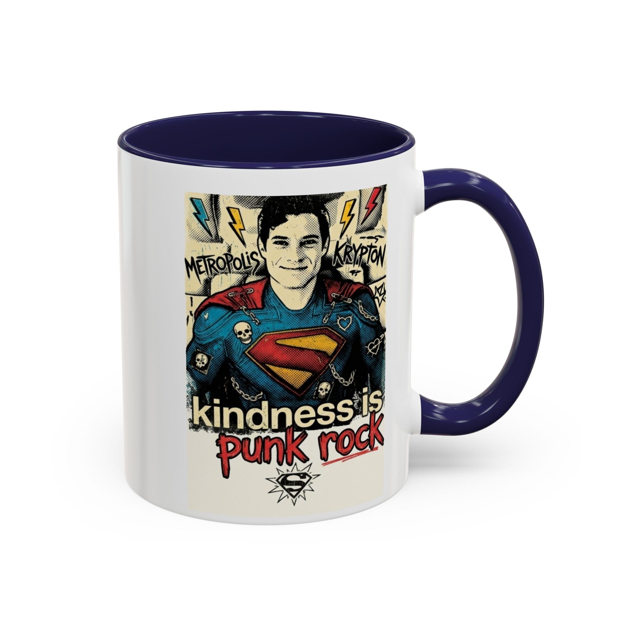 Copy of Kindness Is Punk Rock Superman Accent Coffee Mug — Retro Superhero Graphic (11oz/15oz)