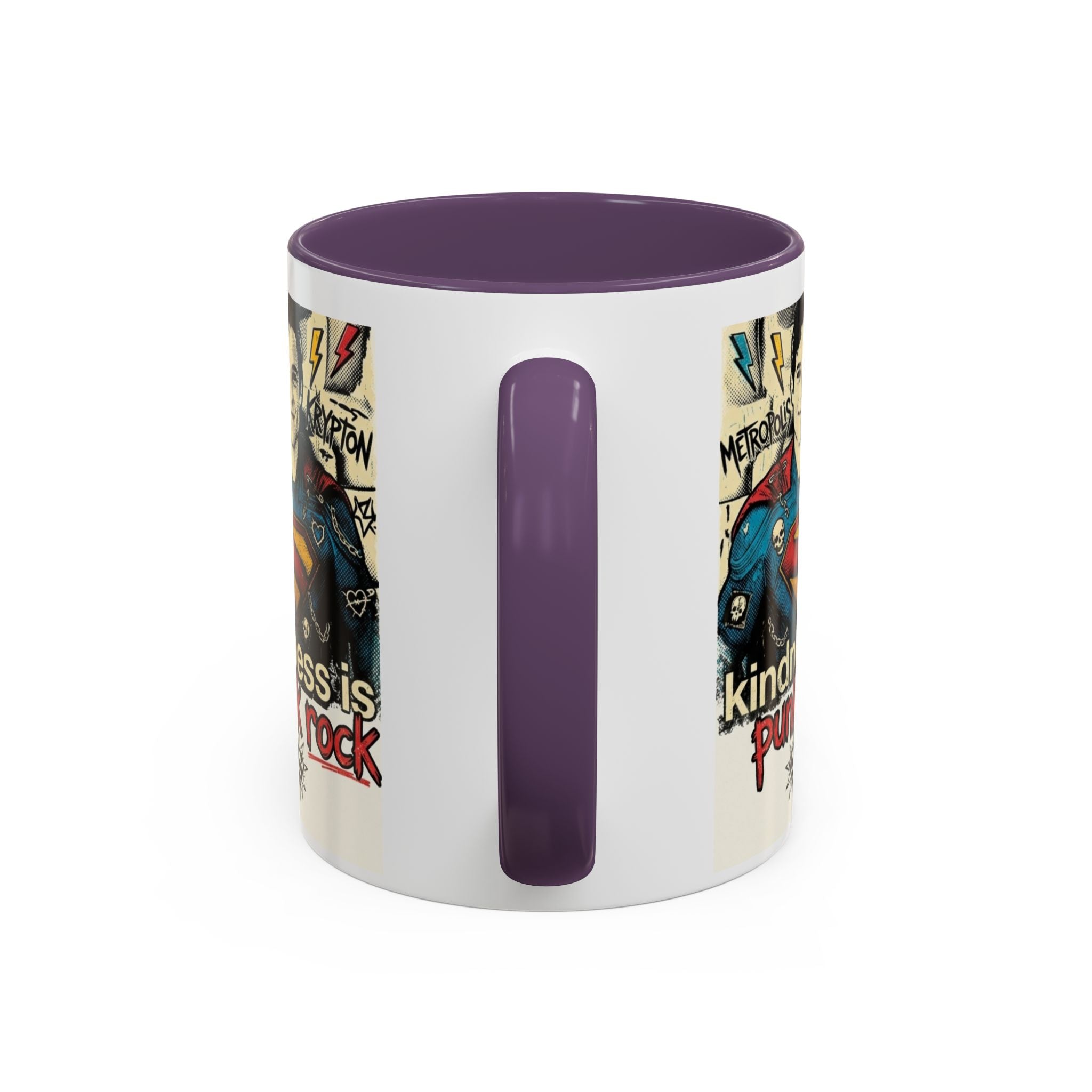 Kindness Is Punk Rock Superman Accent Coffee Mug — Retro Superhero Graphic (11oz/15oz)