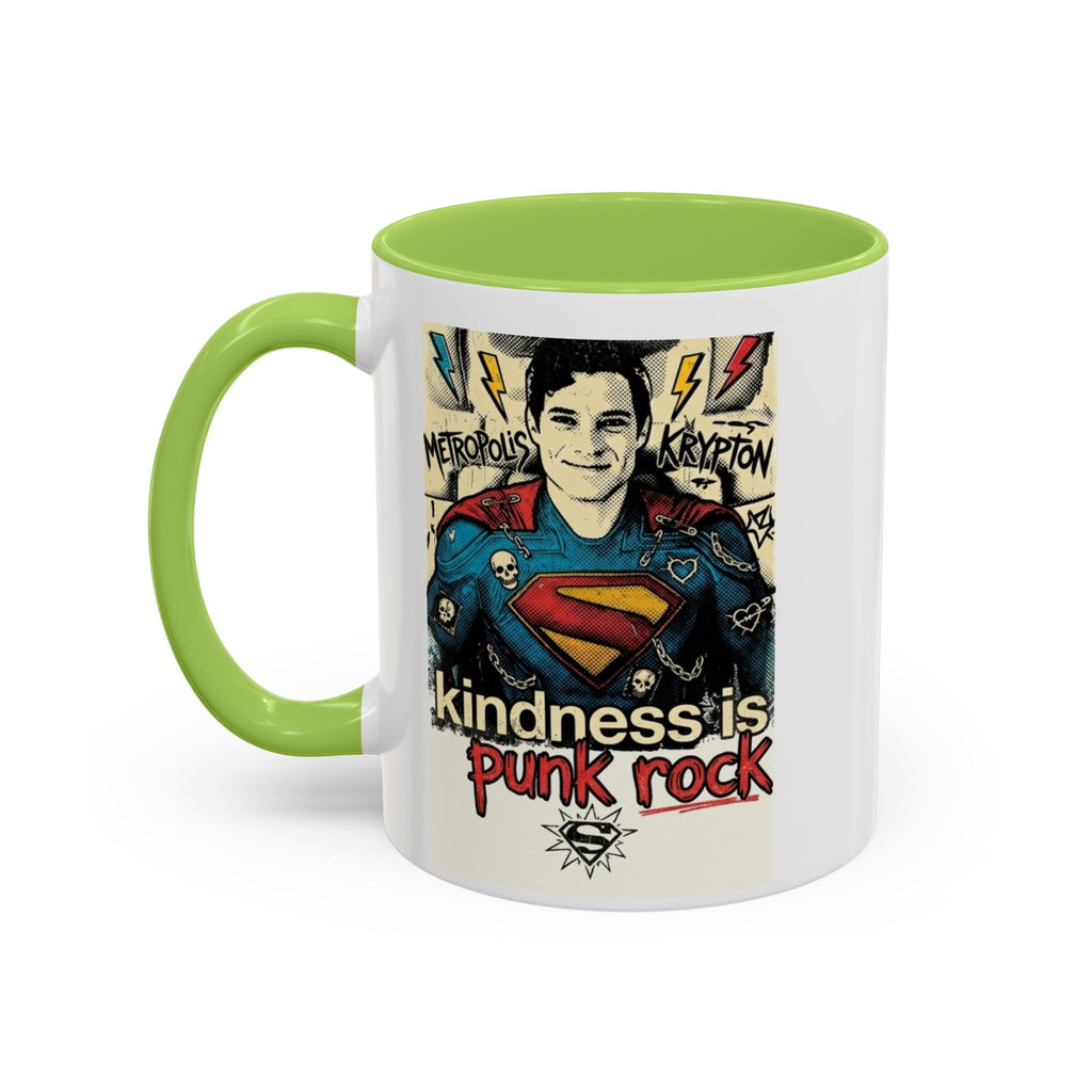 Kindness Is Punk Rock Superman Accent Coffee Mug — Retro Superhero Graphic (11oz/15oz)