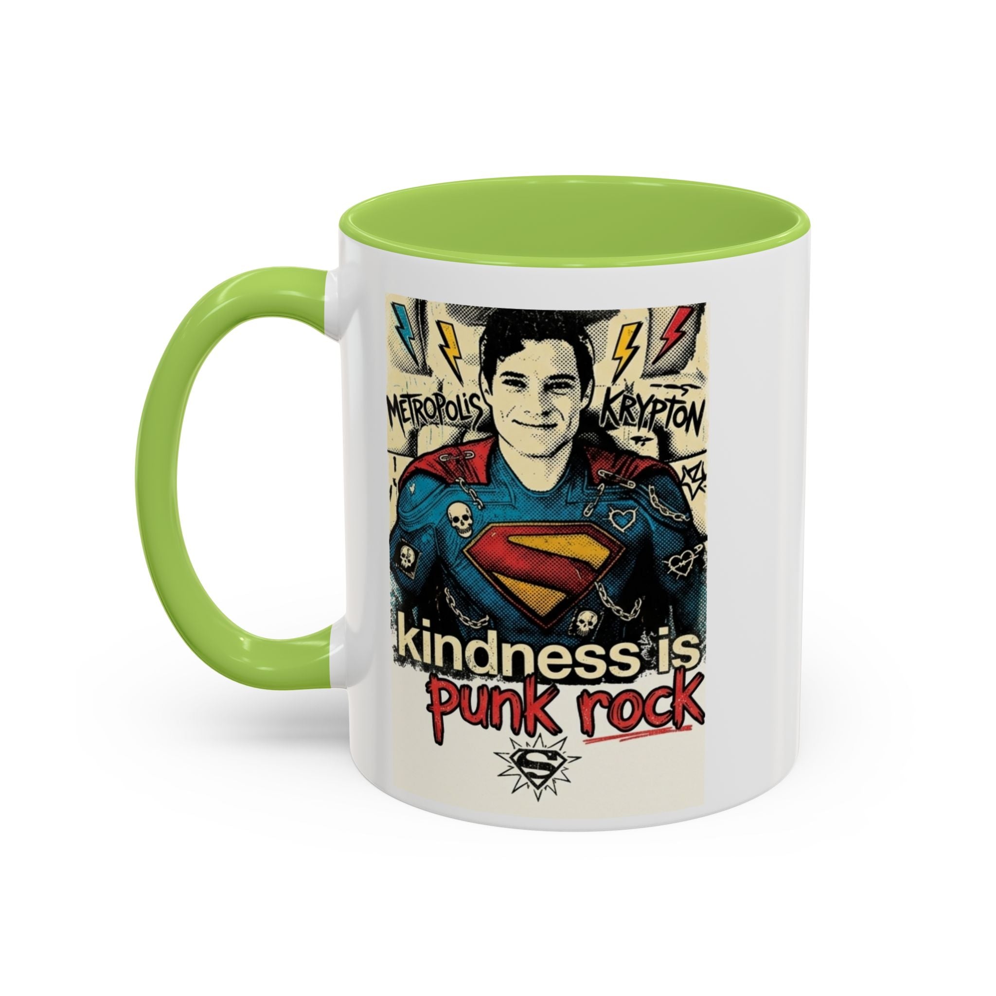 Kindness Is Punk Rock Superman Accent Coffee Mug — Retro Superhero Graphic (11oz/15oz)
